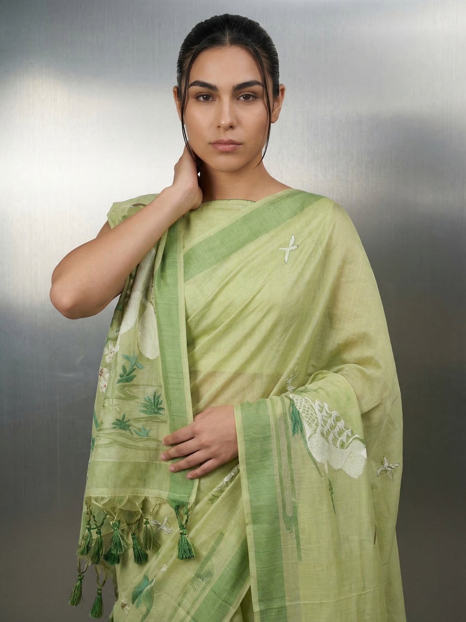 Pista Premium Muga Cotton Saree with Resham Weaving Buttis and Pencil Art Pallu