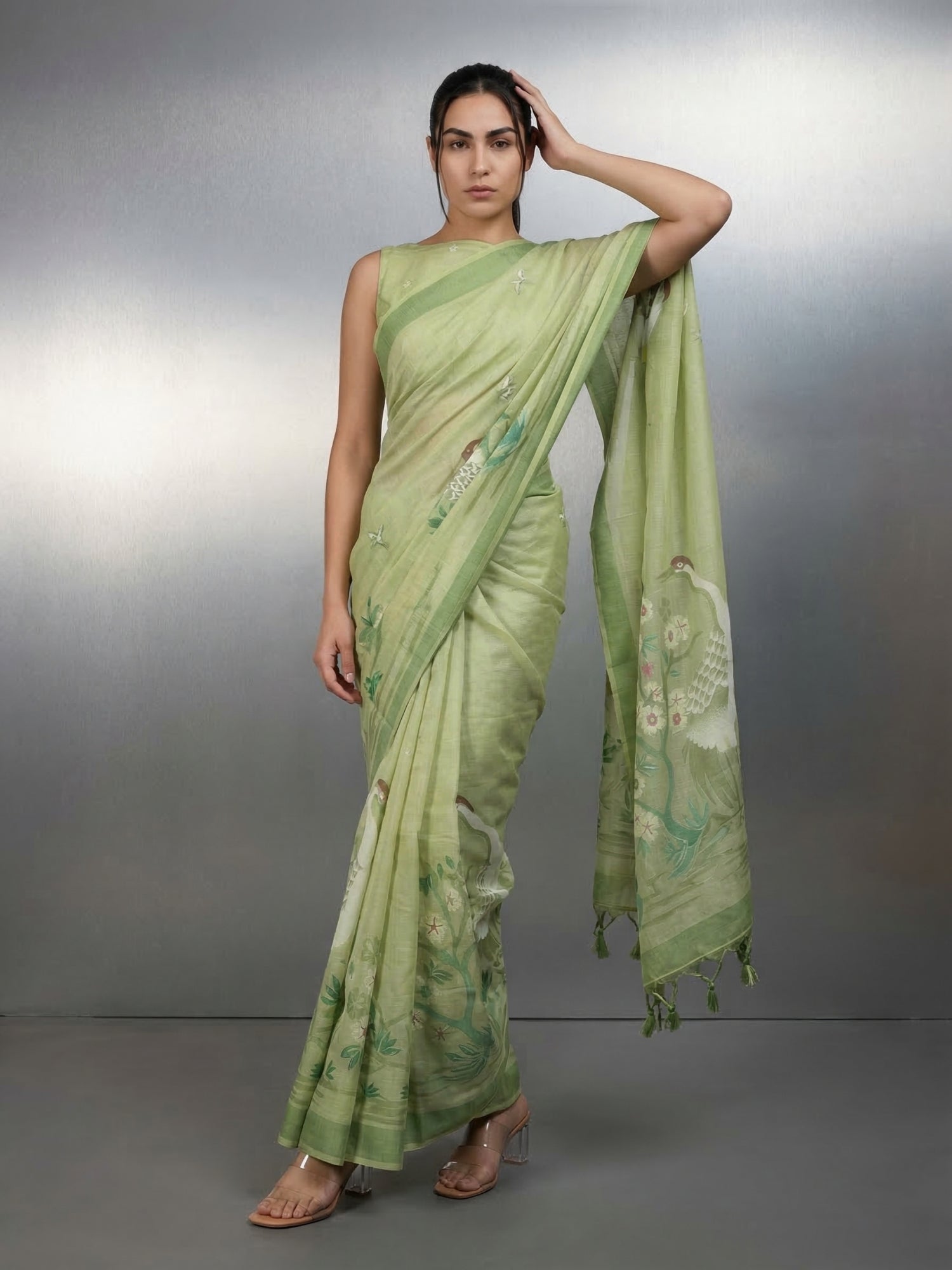 Pista Premium Muga Cotton Saree with Resham Weaving Buttis and Pencil Art Pallu