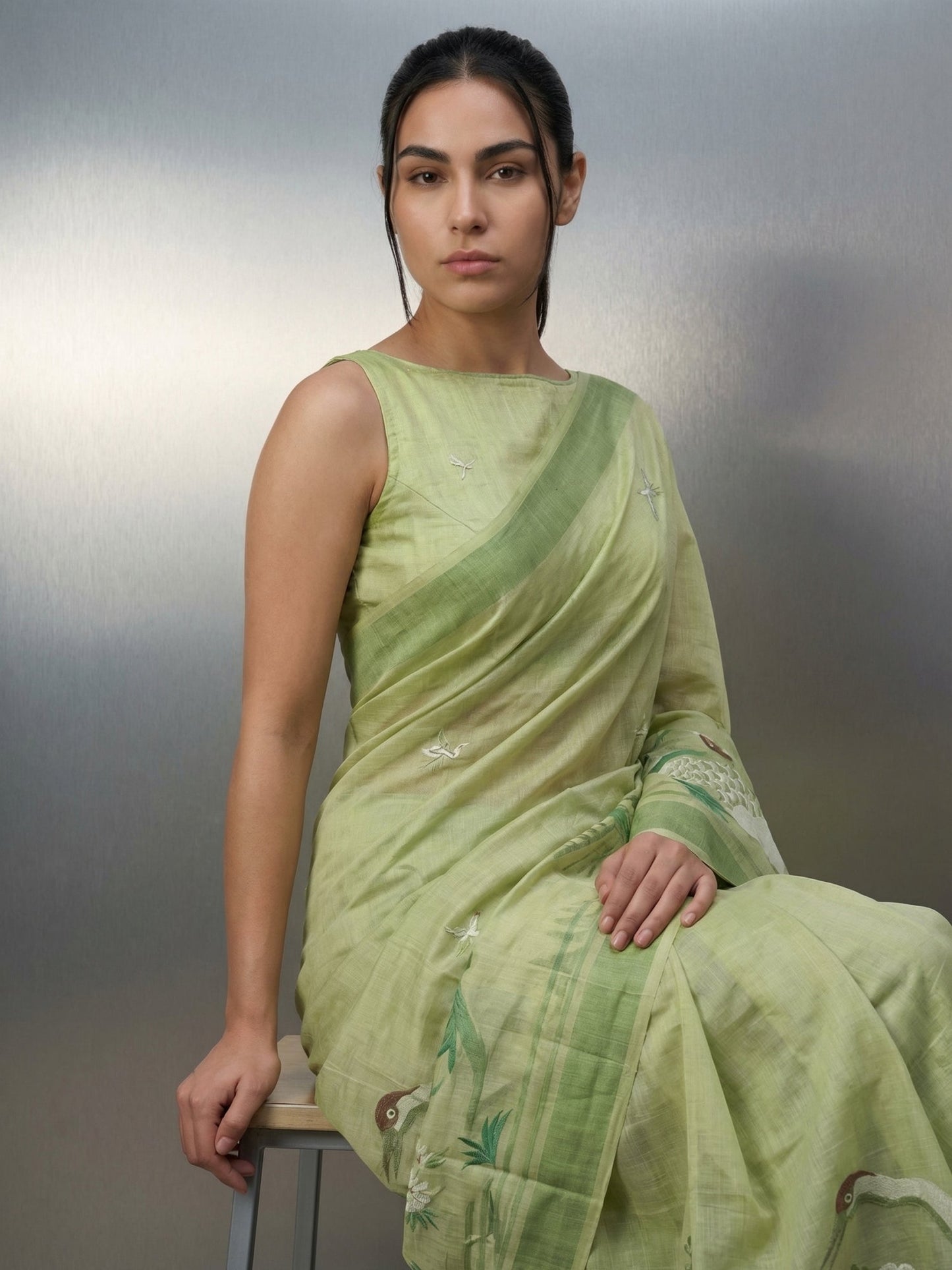 Pista Premium Muga Cotton Saree with Resham Weaving Buttis and Pencil Art Pallu
