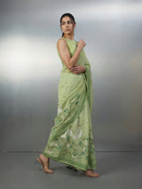 Pista Premium Muga Cotton Saree with Resham Weaving Buttis and Pencil Art Pallu