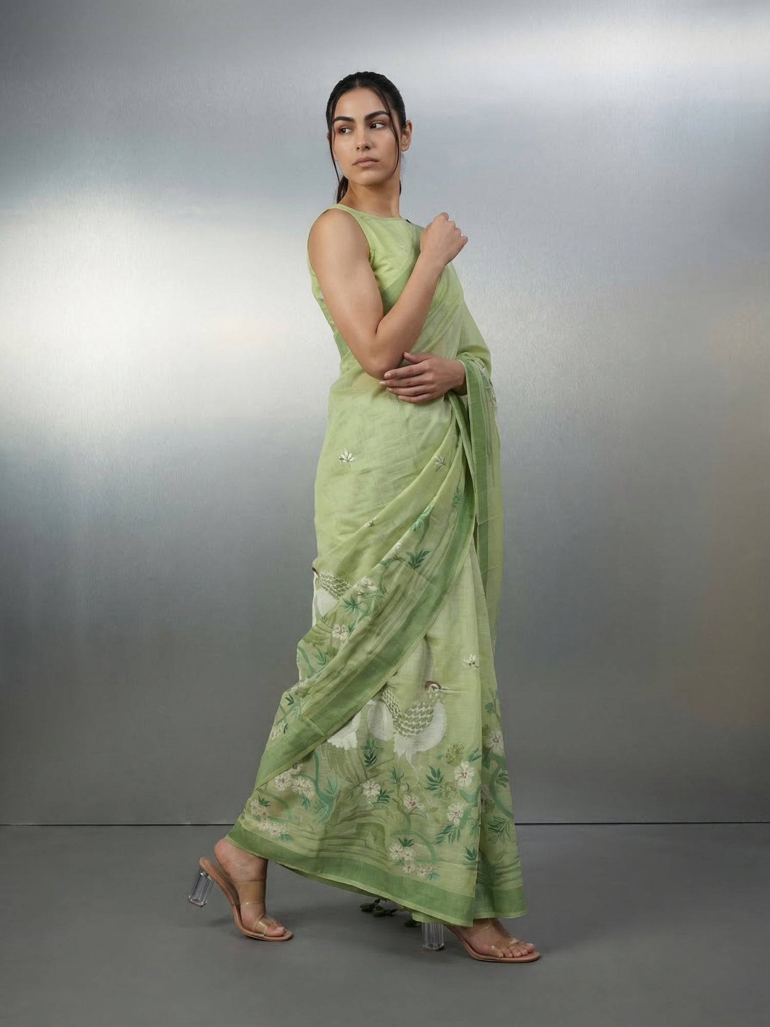 Pista Premium Muga Cotton Saree with Resham Weaving Buttis and Pencil Art Pallu