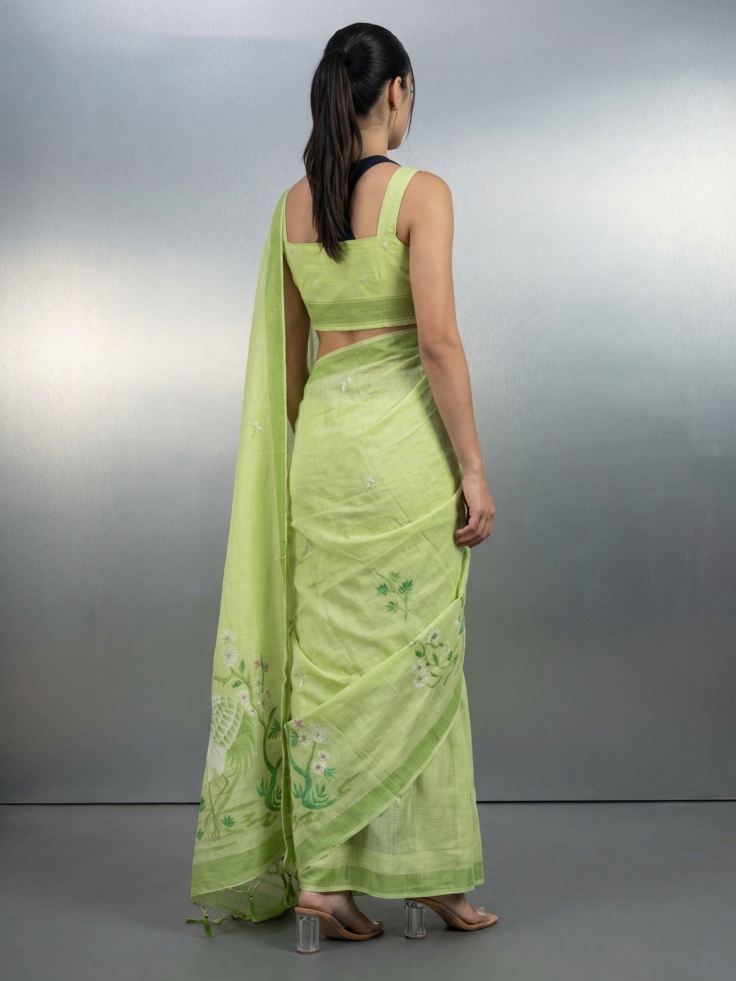 Pista Premium Muga Cotton Saree with Resham Weaving Buttis and Pencil Art Pallu