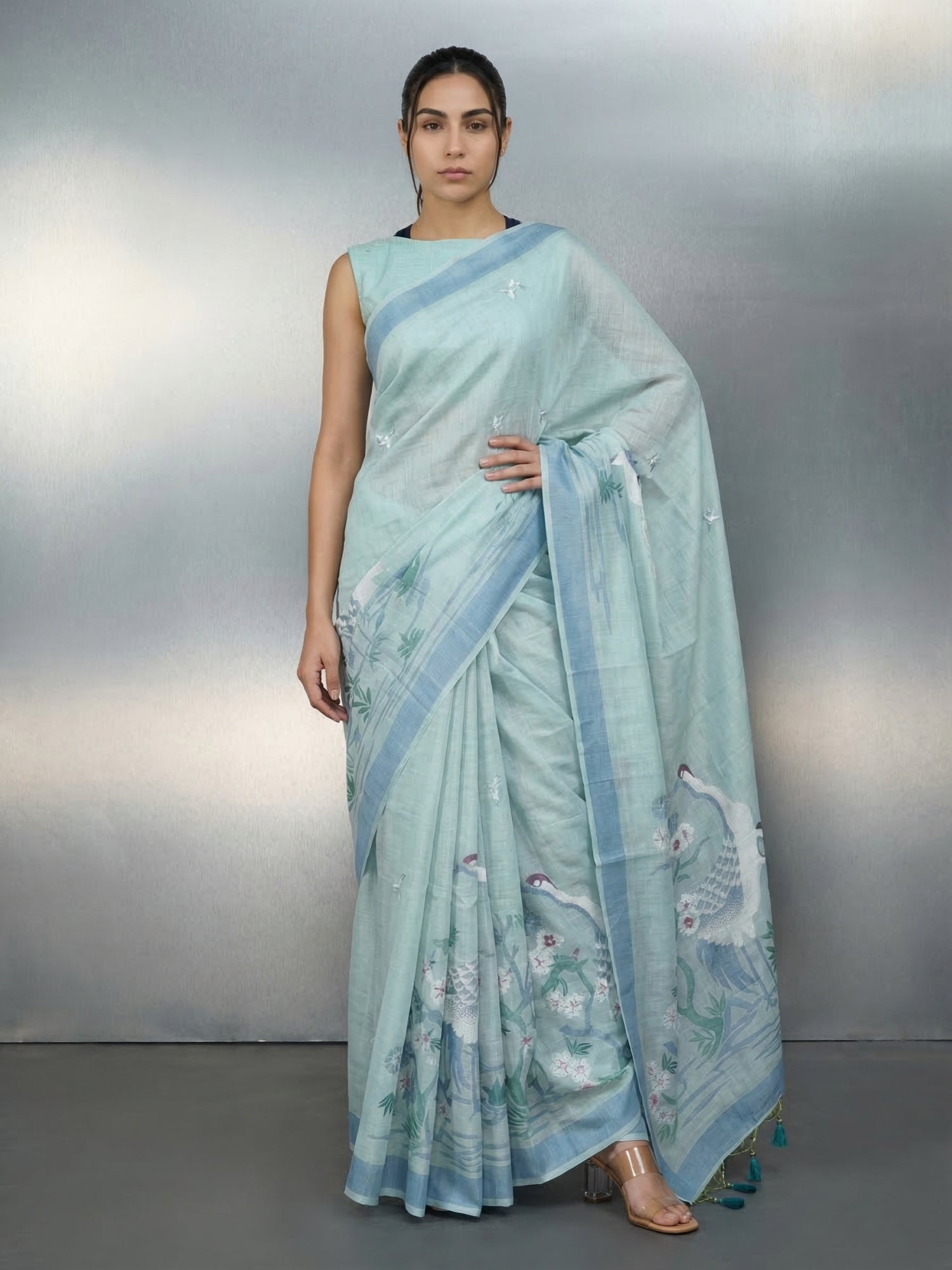 Sky Premium Muga Cotton Saree with Resham Weaving Buttis and Pencil Art Pallu