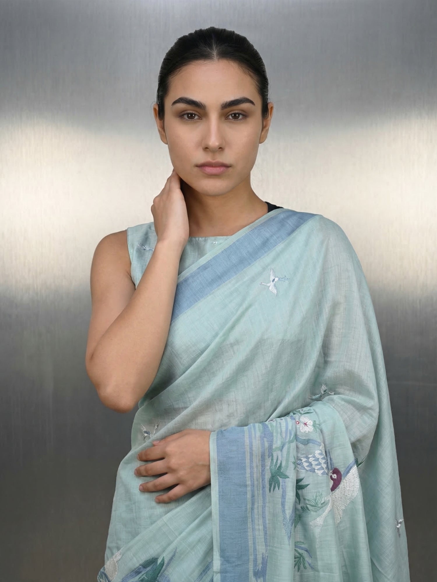 Sky Premium Muga Cotton Saree with Resham Weaving Buttis and Pencil Art Pallu