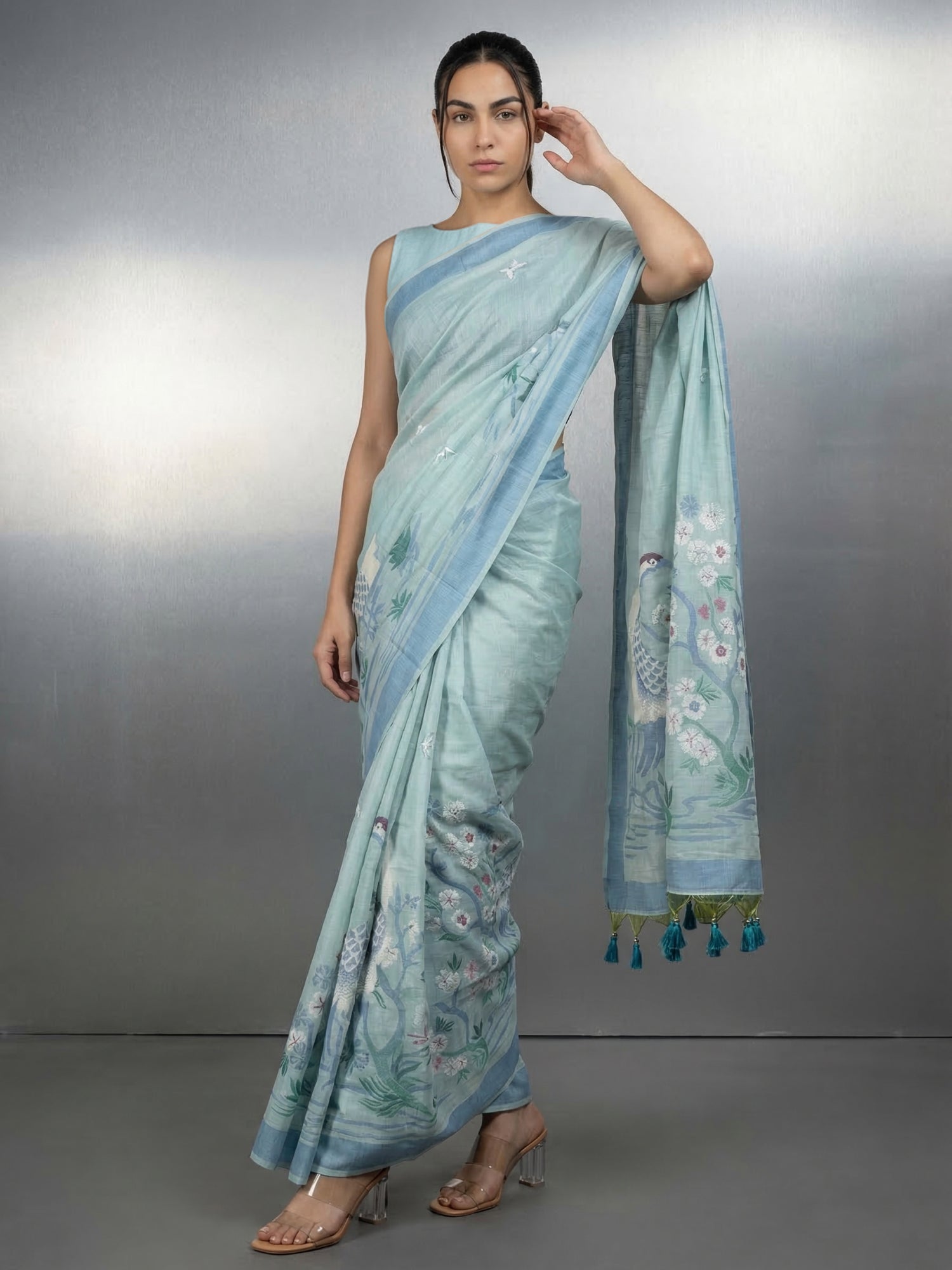 Sky Premium Muga Cotton Saree with Resham Weaving Buttis and Pencil Art Pallu
