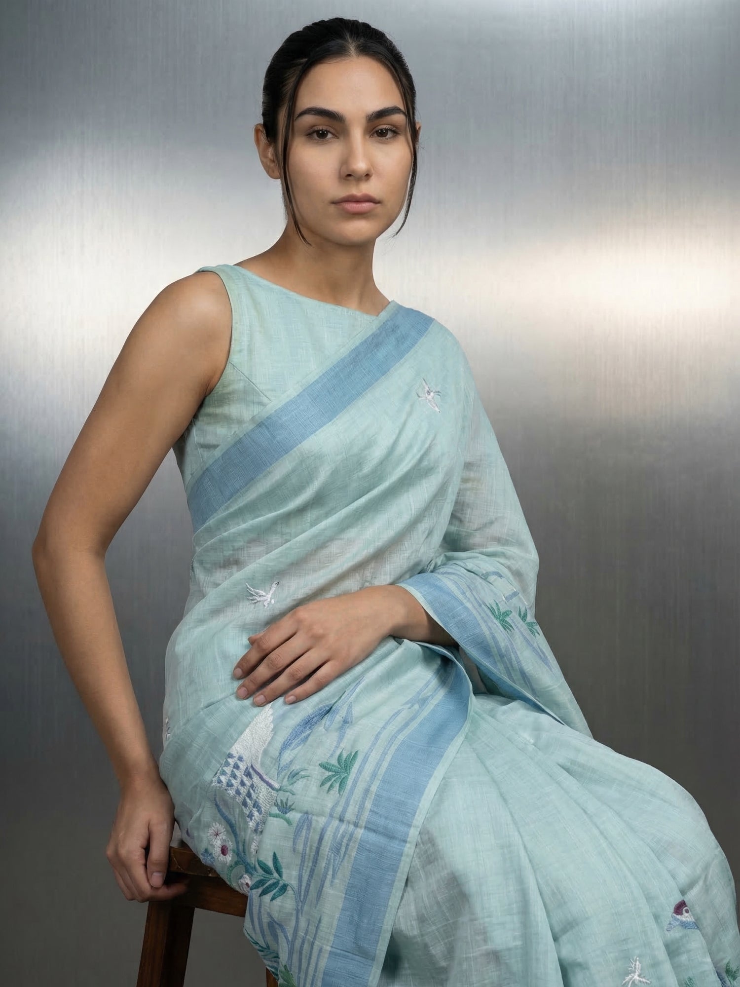 Sky Premium Muga Cotton Saree with Resham Weaving Buttis and Pencil Art Pallu