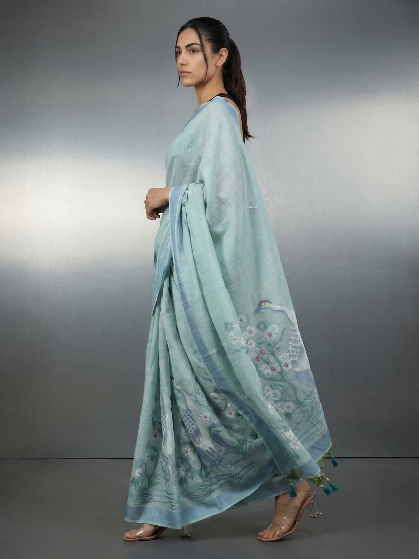 Sky Premium Muga Cotton Saree with Resham Weaving Buttis and Pencil Art Pallu