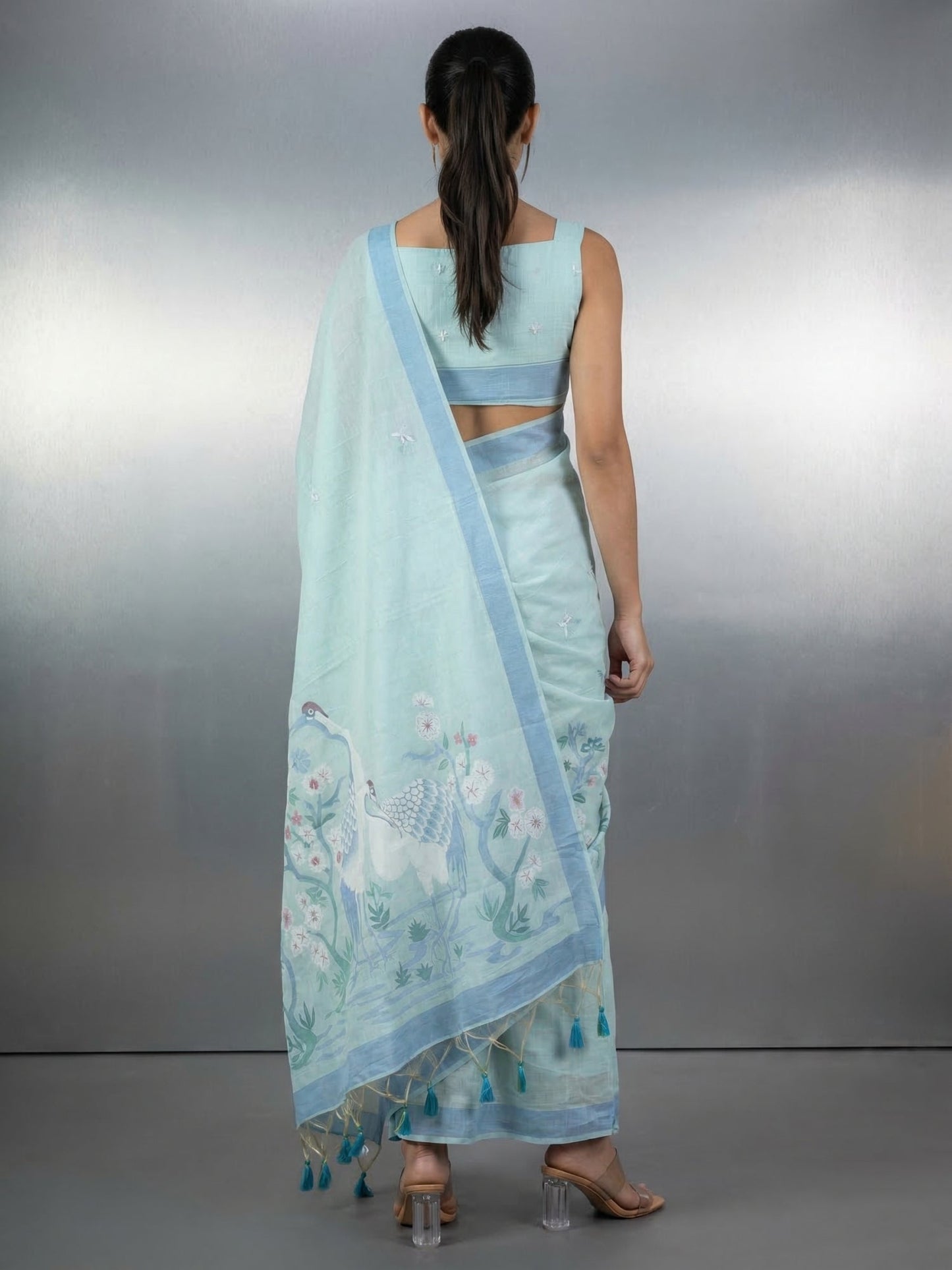 Sky Premium Muga Cotton Saree with Resham Weaving Buttis and Pencil Art Pallu