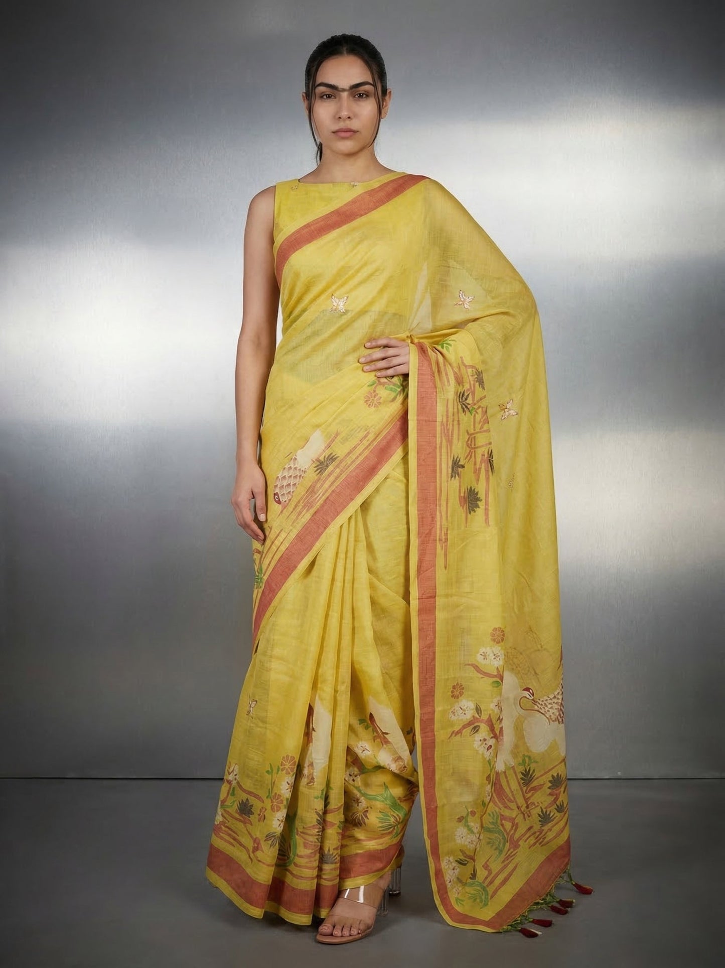 Yellow Premium Muga Cotton Saree with Resham Weaving Buttis and Pencil Art Pallu