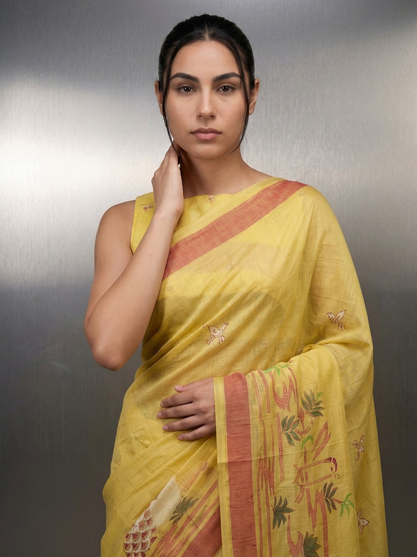 Yellow Premium Muga Cotton Saree with Resham Weaving Buttis and Pencil Art Pallu