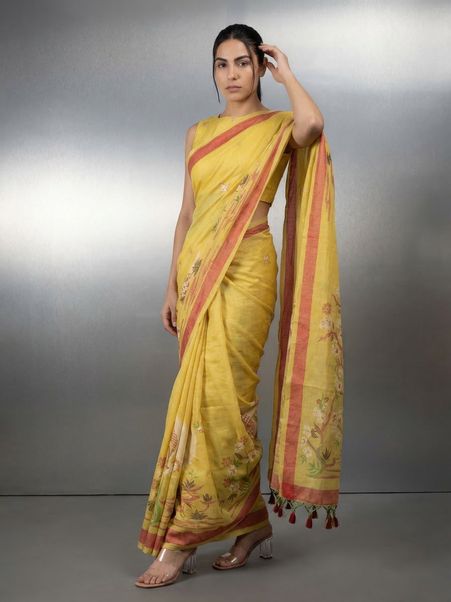 Yellow Premium Muga Cotton Saree with Resham Weaving Buttis and Pencil Art Pallu