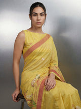 Yellow Premium Muga Cotton Saree with Resham Weaving Buttis and Pencil Art Pallu