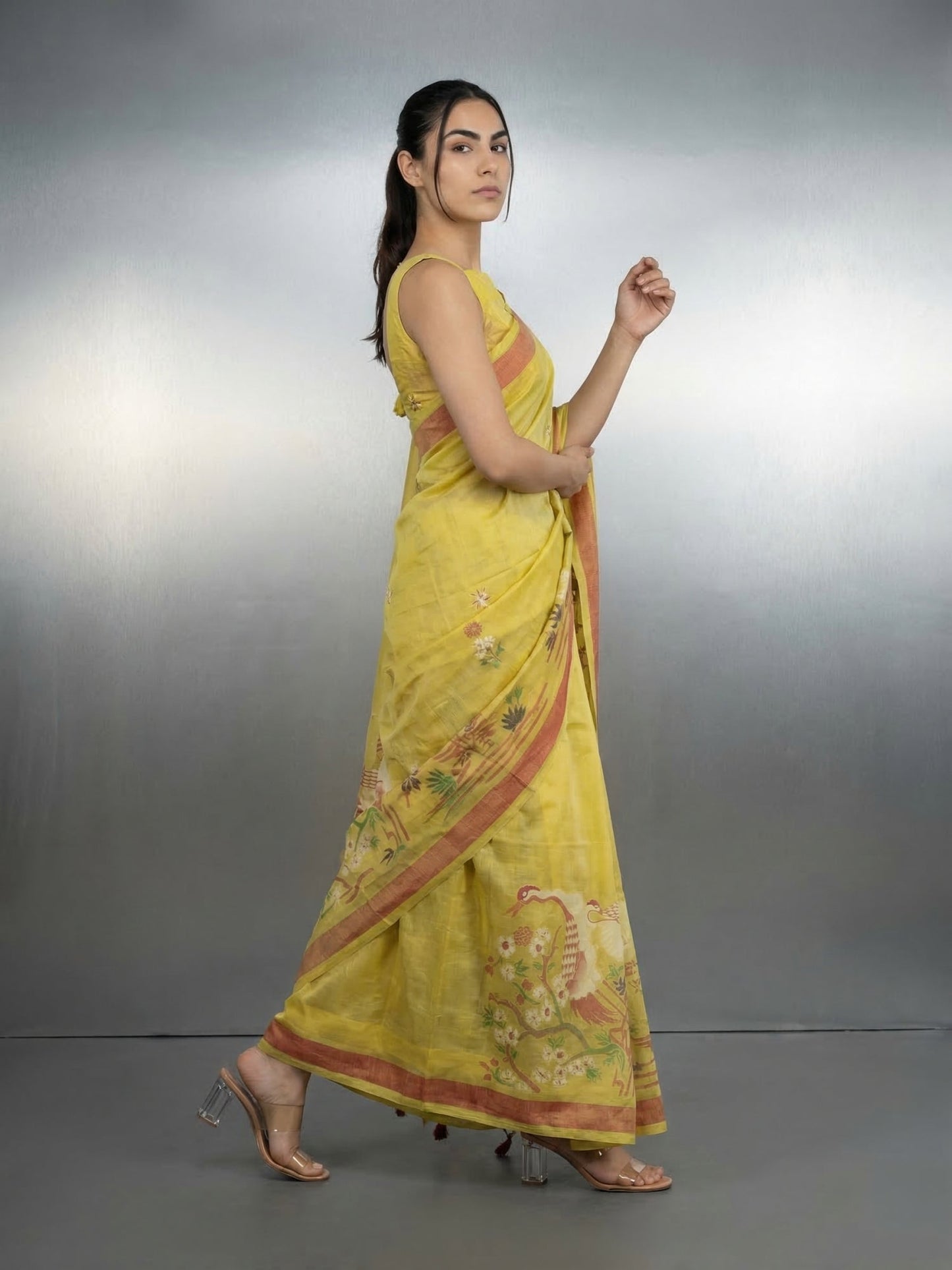 Yellow Premium Muga Cotton Saree with Resham Weaving Buttis and Pencil Art Pallu