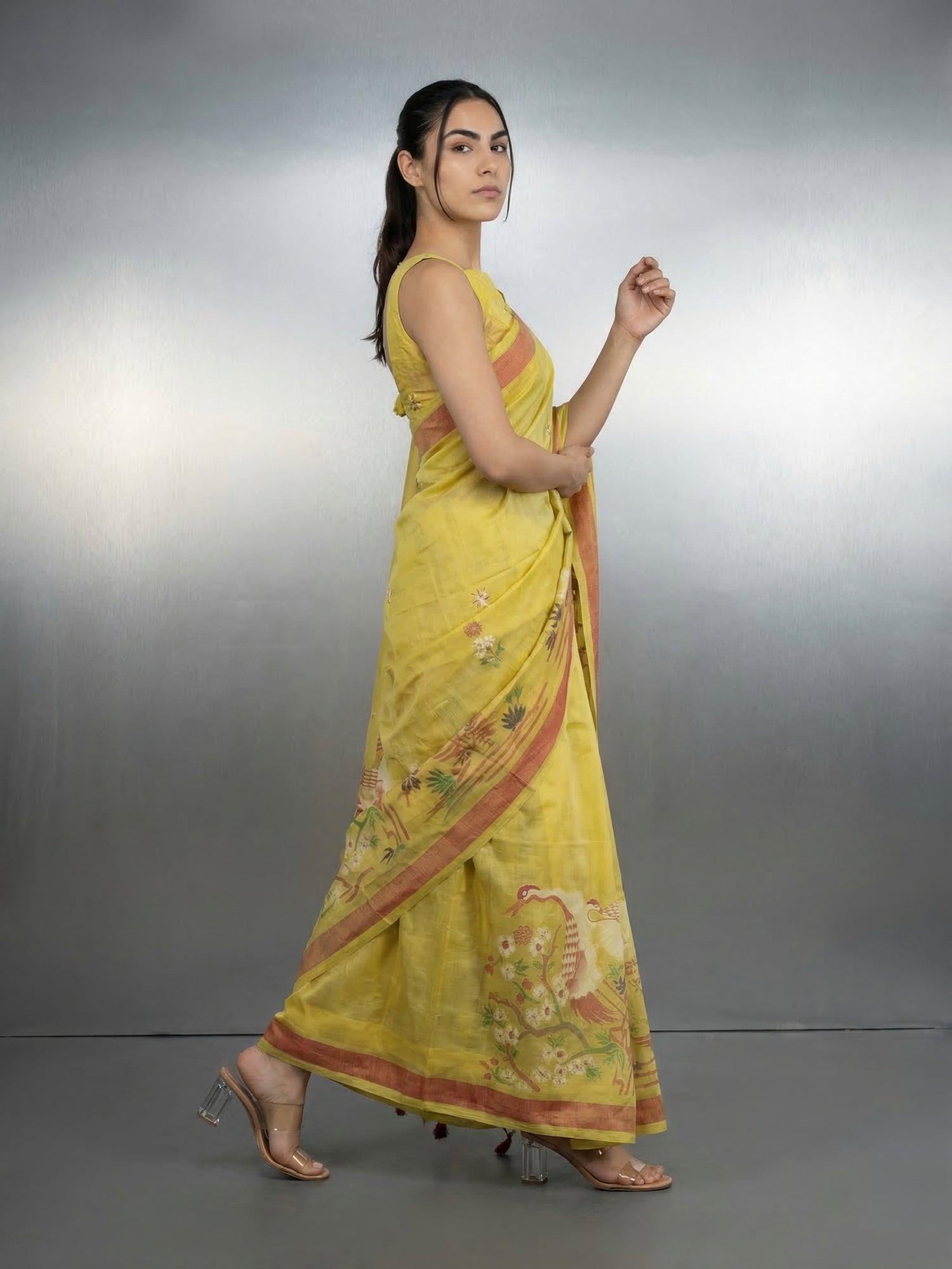 Yellow Premium Muga Cotton Saree with Resham Weaving Buttis and Pencil Art Pallu