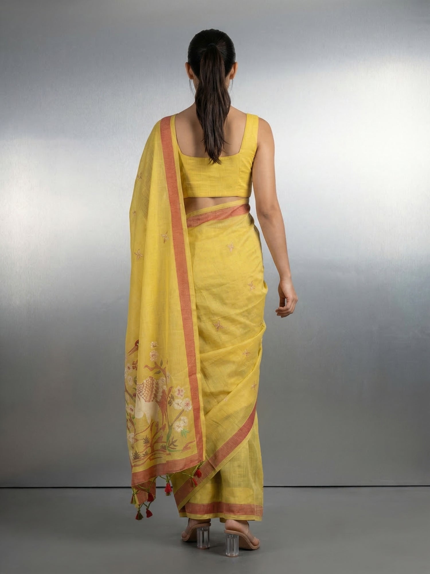 Yellow Premium Muga Cotton Saree with Resham Weaving Buttis and Pencil Art Pallu