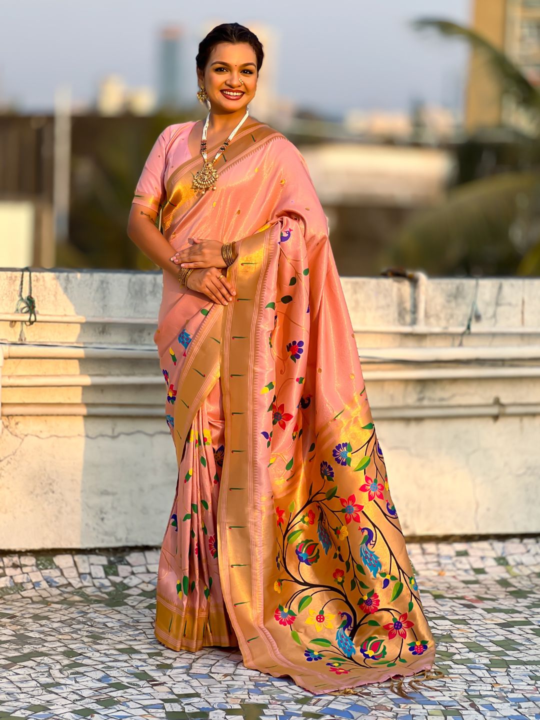 Baby Pink Bamboo Tissue Silk Paithani Saree with Meenakari Motifs, Half Half Design and Muniya Border