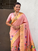 Baby Pink Bamboo Tissue Silk Paithani Saree with Meenakari Motifs, Half Half Design and Muniya Border