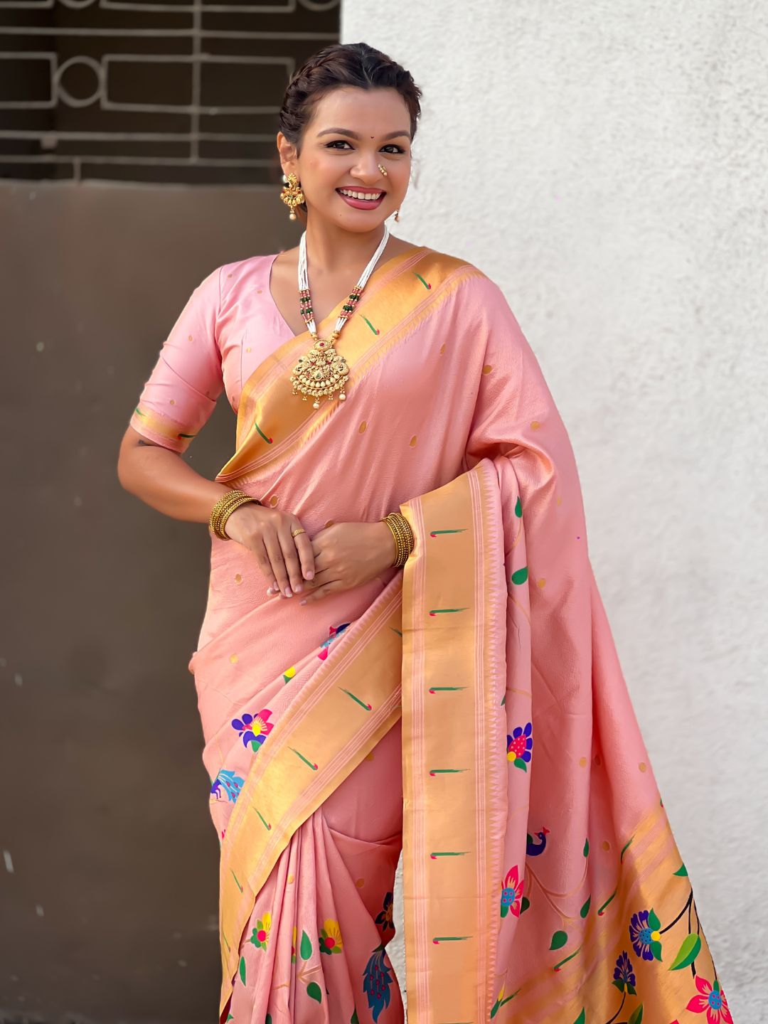Baby Pink Bamboo Tissue Silk Paithani Saree with Meenakari Motifs, Half Half Design and Muniya Border