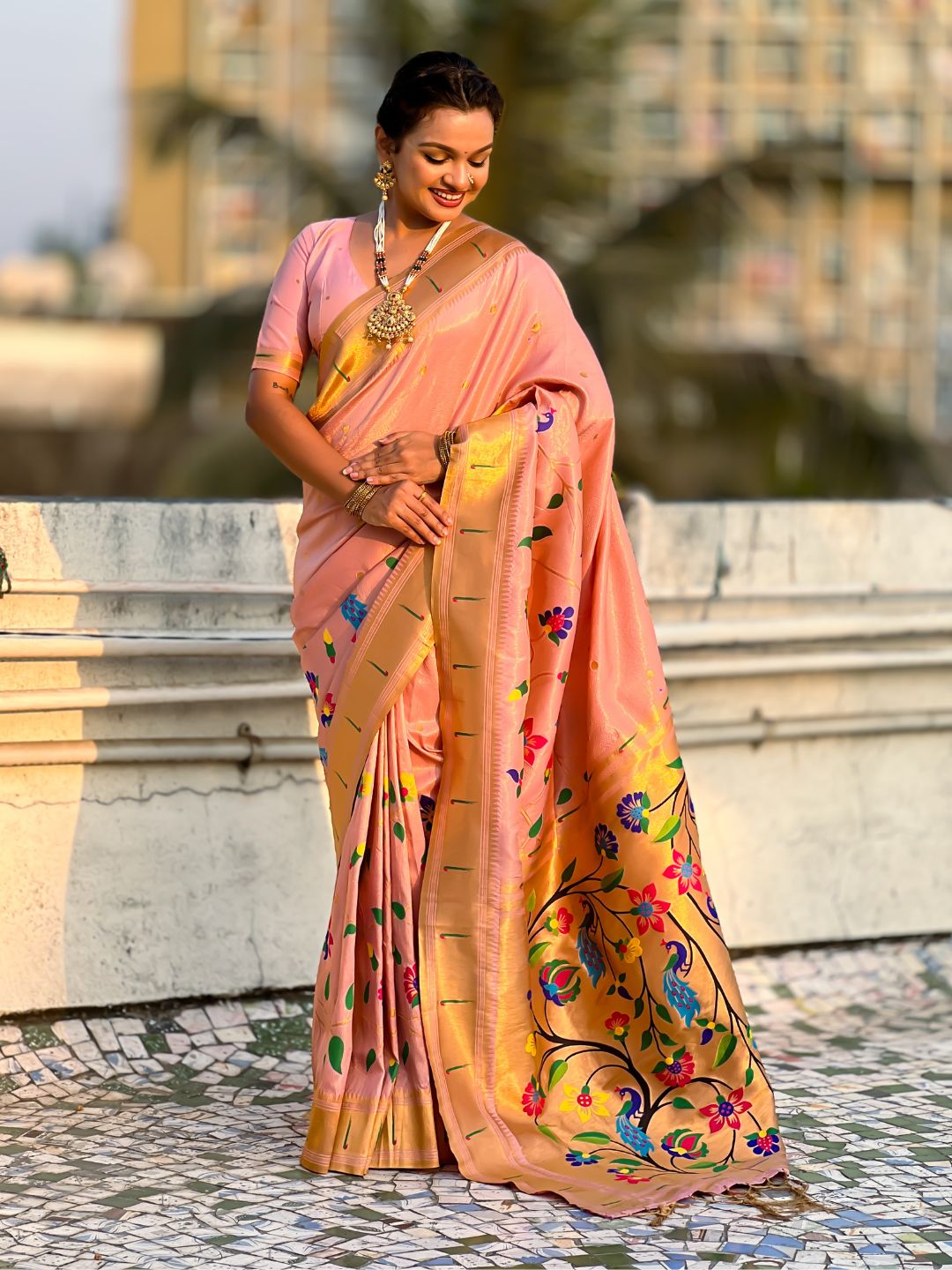 Baby Pink Bamboo Tissue Silk Paithani Saree with Meenakari Motifs, Half Half Design and Muniya Border