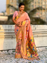 Baby Pink Bamboo Tissue Silk Paithani Saree with Meenakari Motifs, Half Half Design and Muniya Border