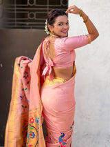 Baby Pink Bamboo Tissue Silk Paithani Saree with Meenakari Motifs, Half Half Design and Muniya Border