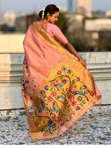 Baby Pink Bamboo Tissue Silk Paithani Saree with Meenakari Motifs, Half Half Design and Muniya Border