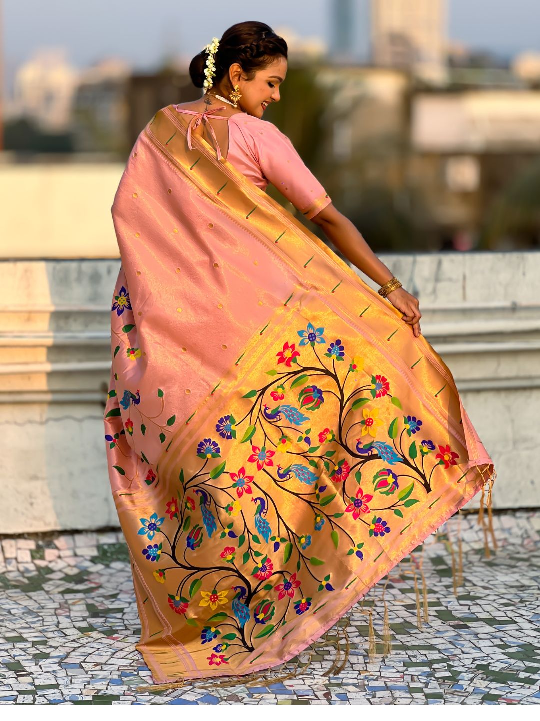 Baby Pink Bamboo Tissue Silk Paithani Saree with Meenakari Motifs, Half Half Design and Muniya Border