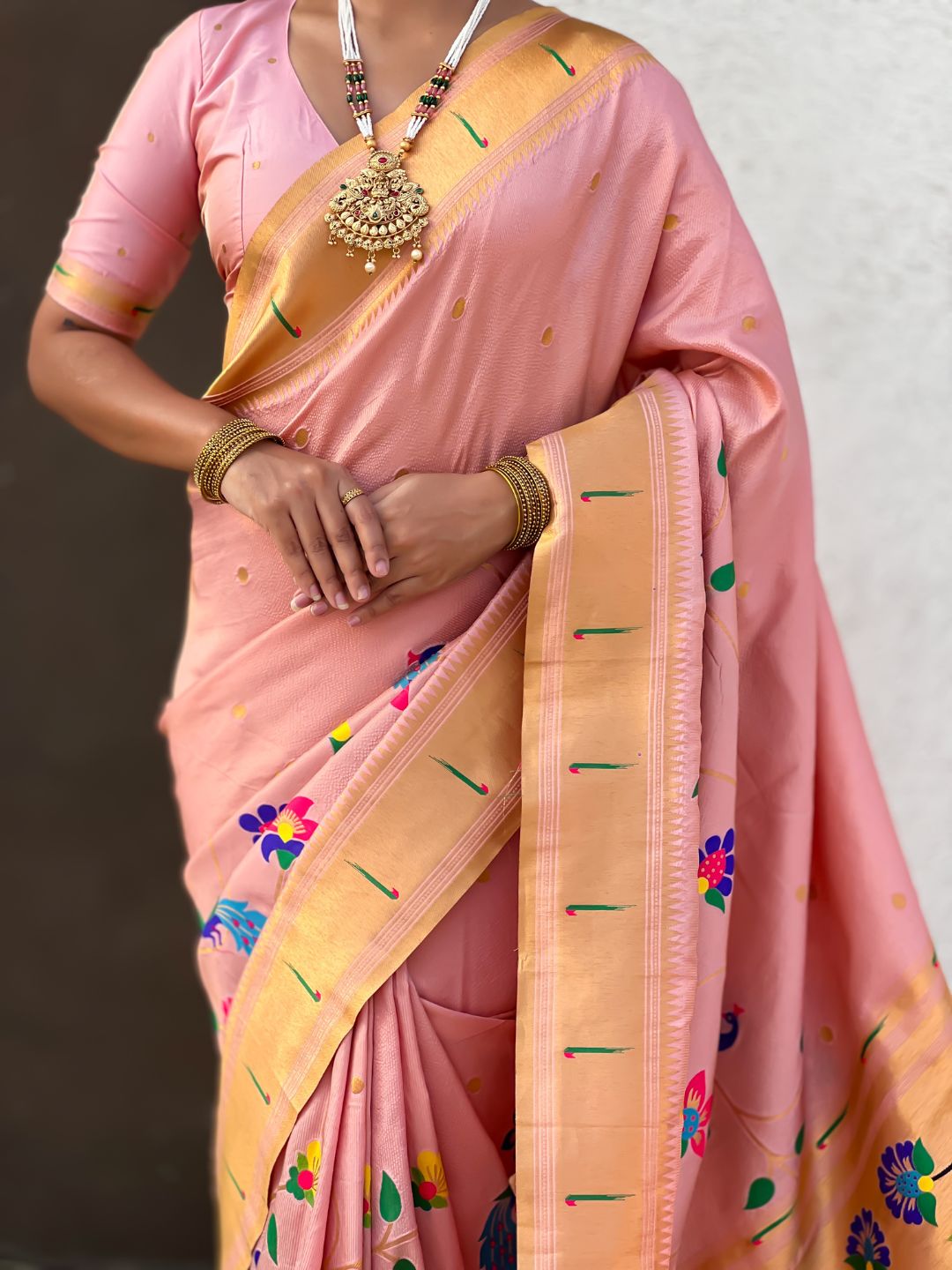 Baby Pink Bamboo Tissue Silk Paithani Saree with Meenakari Motifs, Half Half Design and Muniya Border