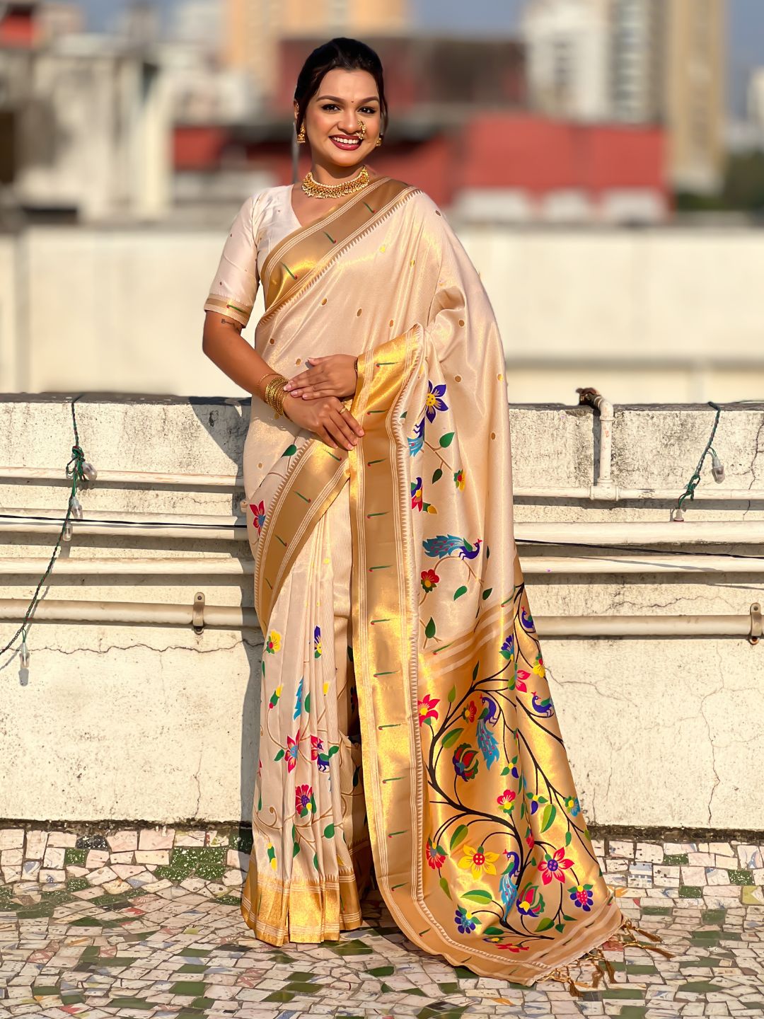 White Bamboo Tissue Silk Paithani Saree with Meenakari Motifs, Half Half Design and Muniya Border