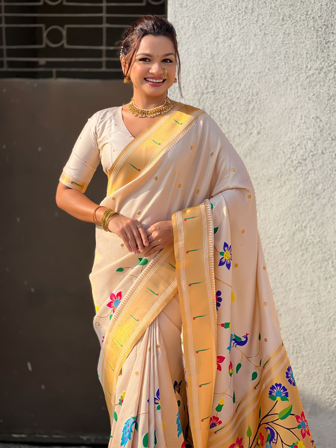 White Bamboo Tissue Silk Paithani Saree with Meenakari Motifs, Half Half Design and Muniya Border