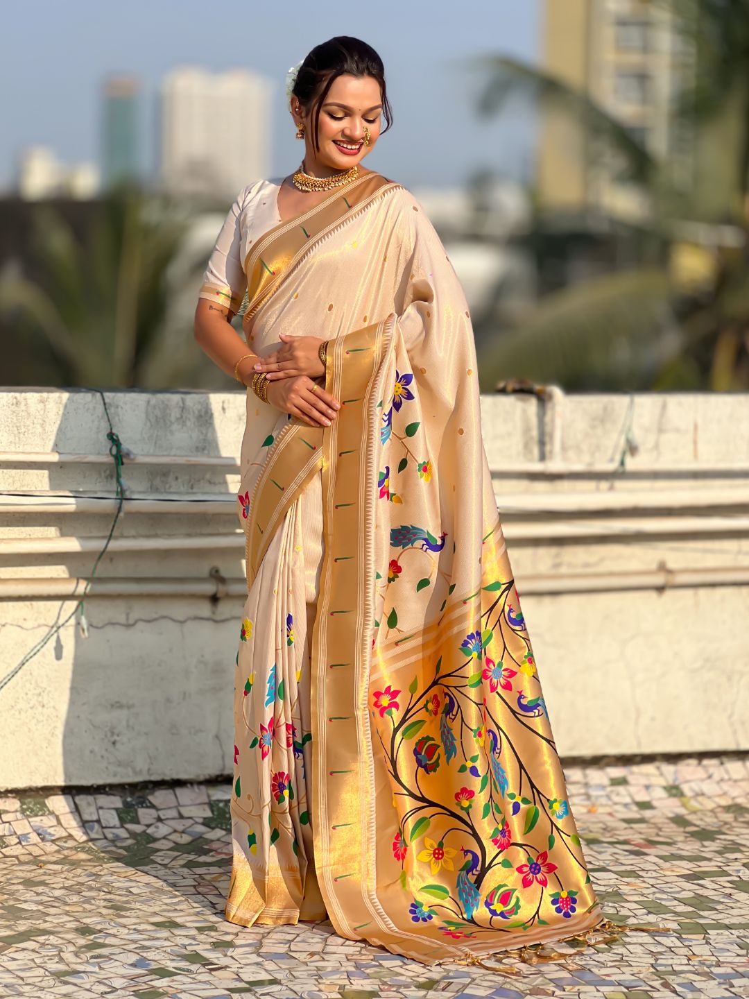 White Bamboo Tissue Silk Paithani Saree with Meenakari Motifs, Half Half Design and Muniya Border