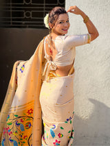 White Bamboo Tissue Silk Paithani Saree with Meenakari Motifs, Half Half Design and Muniya Border
