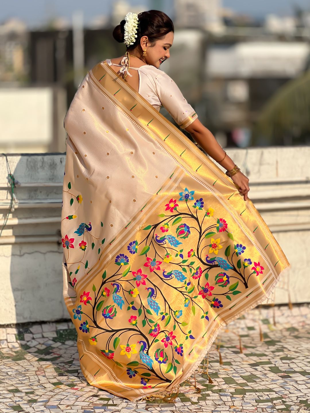 White Bamboo Tissue Silk Paithani Saree with Meenakari Motifs, Half Half Design and Muniya Border