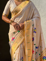 White Bamboo Tissue Silk Paithani Saree with Meenakari Motifs, Half Half Design and Muniya Border