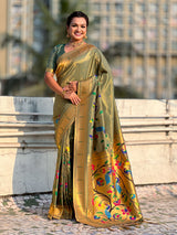 Green Bamboo Tissue Silk Paithani Saree with Meenakari Motifs, Half Half Design and Muniya Border