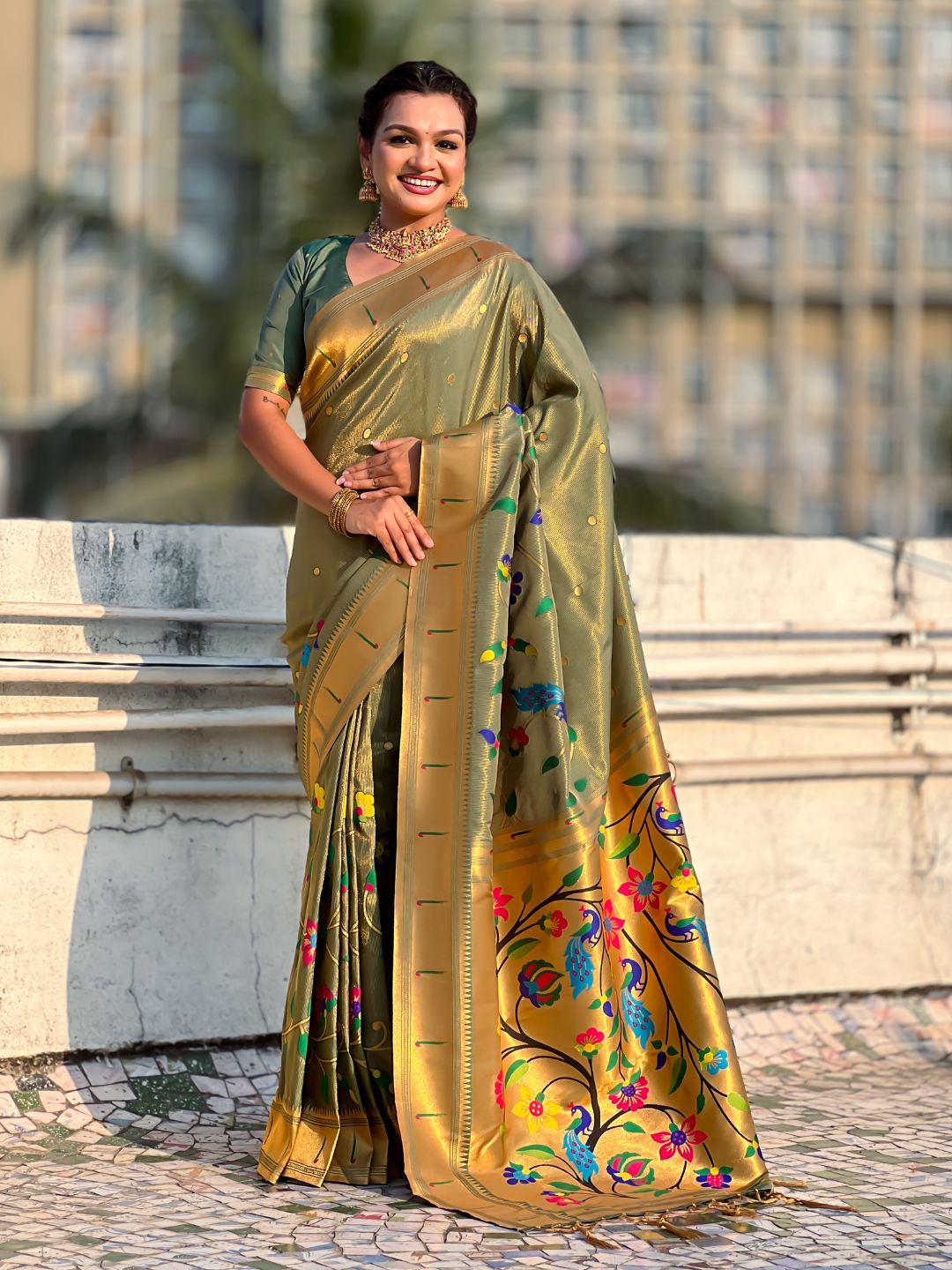 Green Bamboo Tissue Silk Paithani Saree with Meenakari Motifs, Half Half Design and Muniya Border