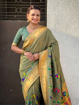 Green Bamboo Tissue Silk Paithani Saree with Meenakari Motifs, Half Half Design and Muniya Border