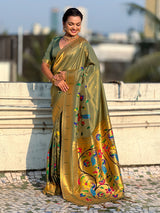 Green Bamboo Tissue Silk Paithani Saree with Meenakari Motifs, Half Half Design and Muniya Border