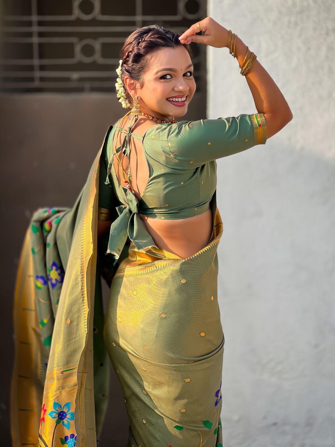 Green Bamboo Tissue Silk Paithani Saree with Meenakari Motifs, Half Half Design and Muniya Border