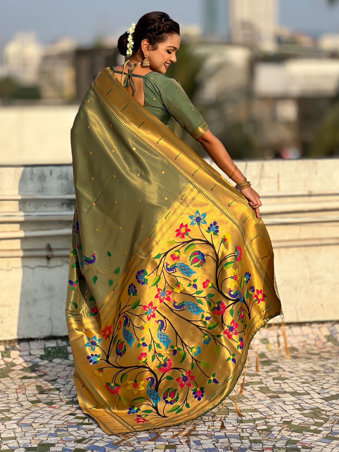 Green Bamboo Tissue Silk Paithani Saree with Meenakari Motifs, Half Half Design and Muniya Border