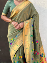 Green Bamboo Tissue Silk Paithani Saree with Meenakari Motifs, Half Half Design and Muniya Border