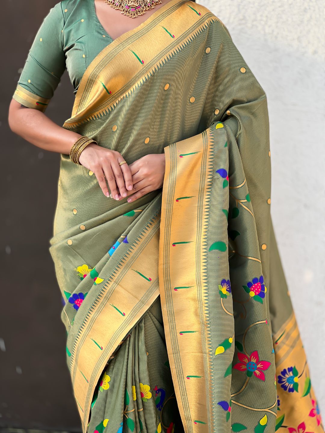 Green Bamboo Tissue Silk Paithani Saree with Meenakari Motifs, Half Half Design and Muniya Border