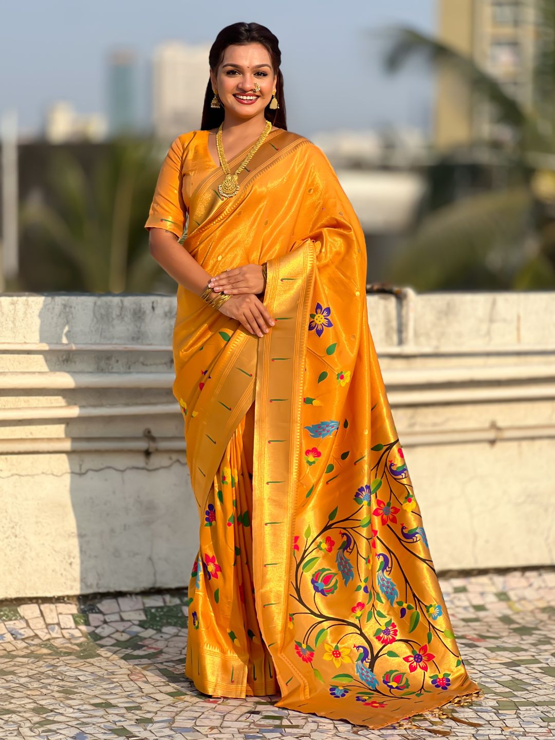 Mustard Bamboo Tissue Silk Paithani Saree with Meenakari Motifs, Half Half Design and Muniya Border