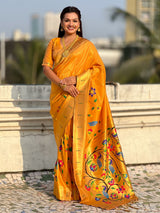 Mustard Bamboo Tissue Silk Paithani Saree with Meenakari Motifs, Half Half Design and Muniya Border