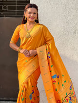 Mustard Bamboo Tissue Silk Paithani Saree with Meenakari Motifs, Half Half Design and Muniya Border