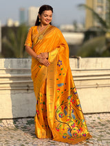 Mustard Bamboo Tissue Silk Paithani Saree with Meenakari Motifs, Half Half Design and Muniya Border