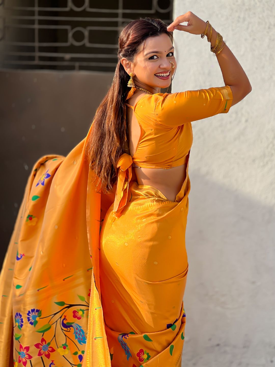 Mustard Bamboo Tissue Silk Paithani Saree with Meenakari Motifs, Half Half Design and Muniya Border