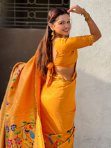 Mustard Bamboo Tissue Silk Paithani Saree with Meenakari Motifs, Half Half Design and Muniya Border