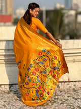 Mustard Bamboo Tissue Silk Paithani Saree with Meenakari Motifs, Half Half Design and Muniya Border