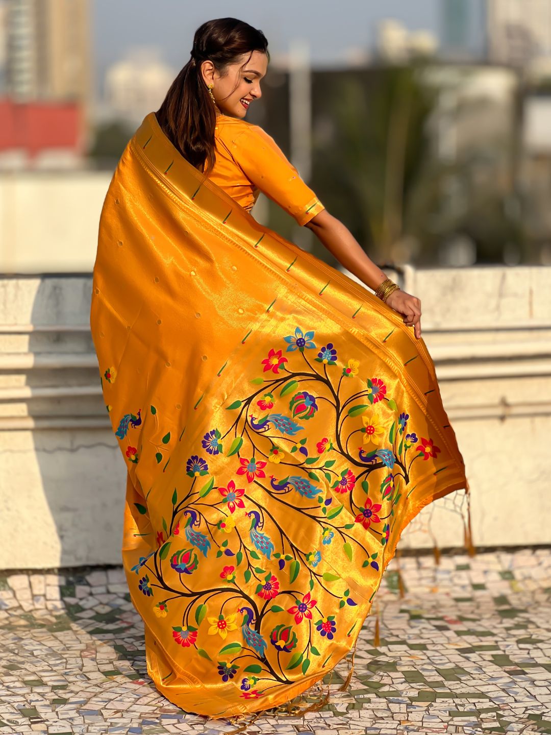 Mustard Bamboo Tissue Silk Paithani Saree with Meenakari Motifs, Half Half Design and Muniya Border